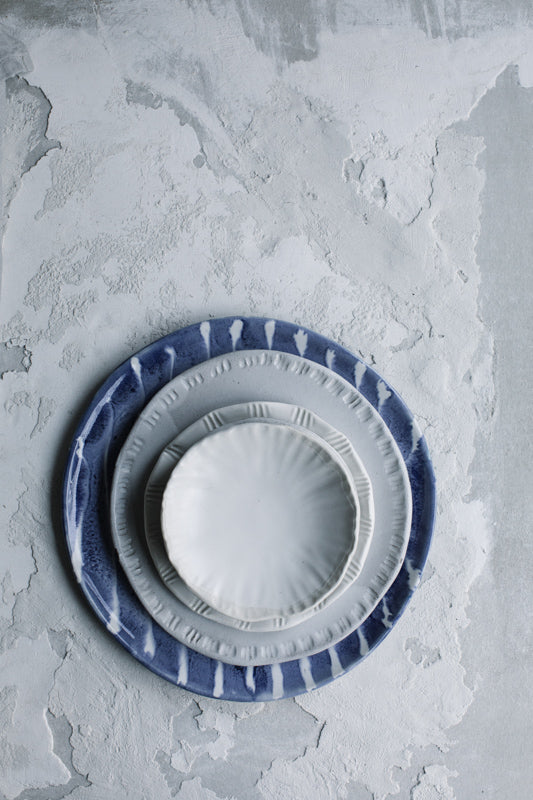 Blue and white stripes Plate + Textured white satin Plates