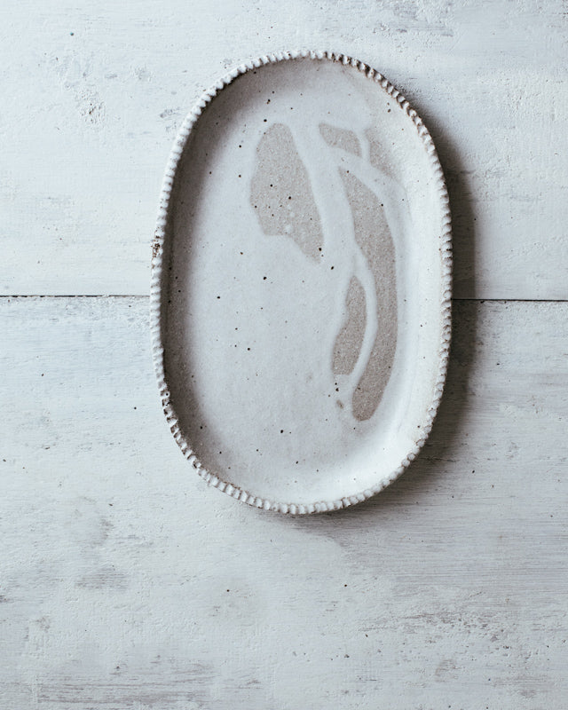 Rustic drippy satin white glazed oval texture plate