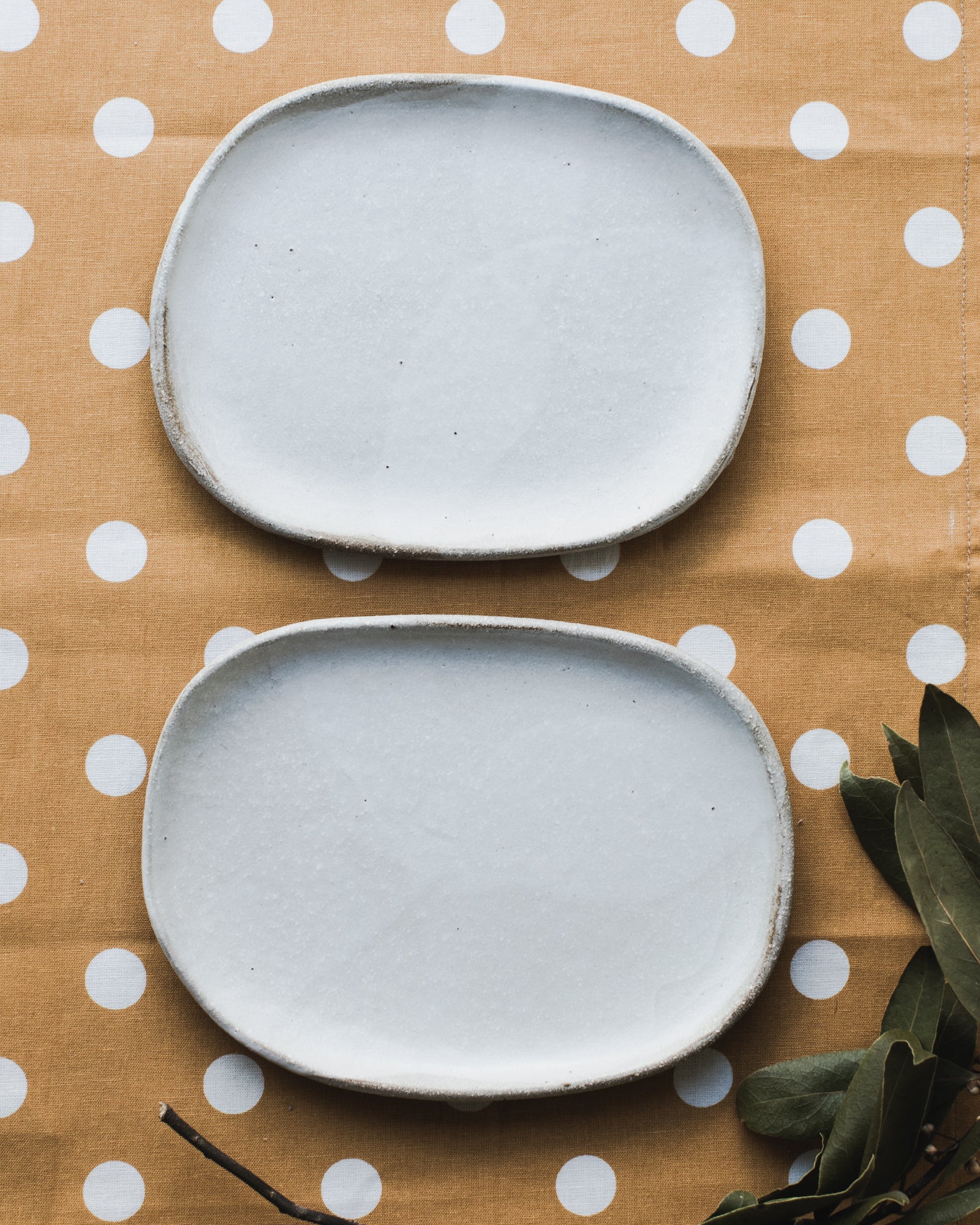 Satin white cafe au lait oval plates by clay beehive ceramics