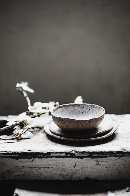 rustic gritty speckled plate and bowl set handmade by clay beehive ceramics