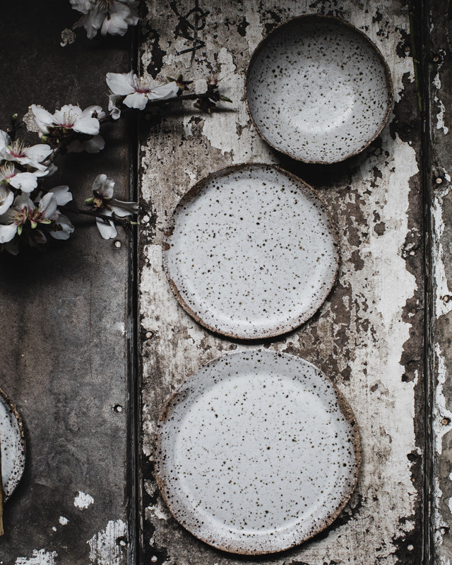 rustic gritty speckled plate and bowl set handmade by clay beehive ceramics