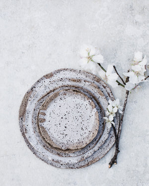 rustic organic speckled white handmade plates by clay beehive ceramics