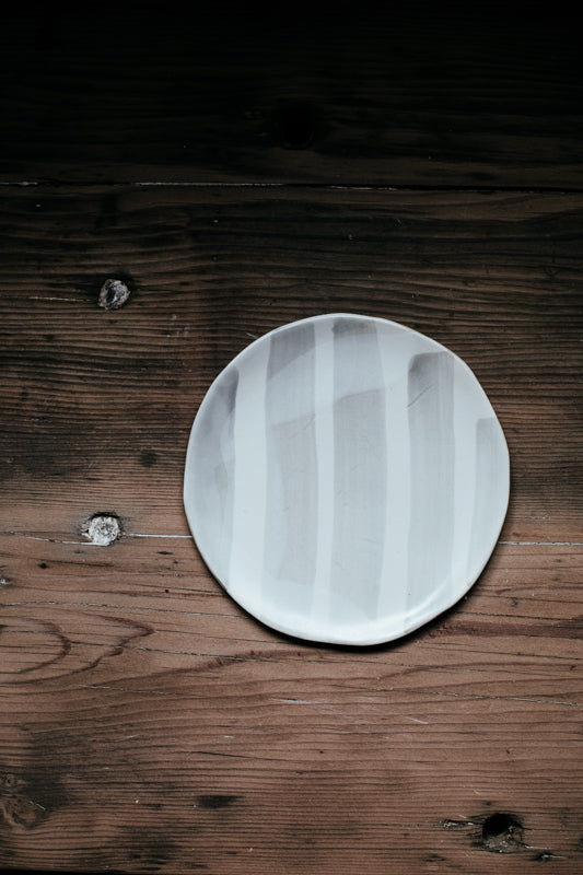 soft grey stripes ceramic plates by clay beehive