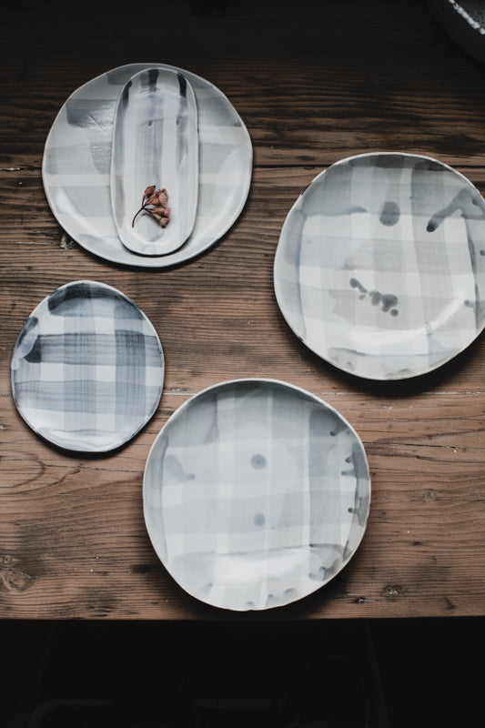 Grey & White bowls with check drippy pattern