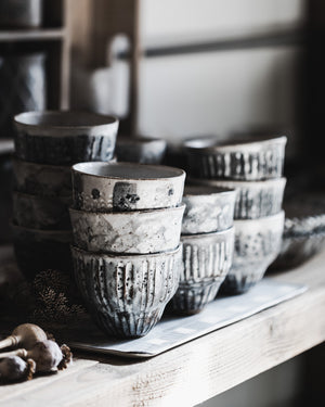Carved rustic handmade yunomi style cups with grey/white glazing by clay beehive ceramics