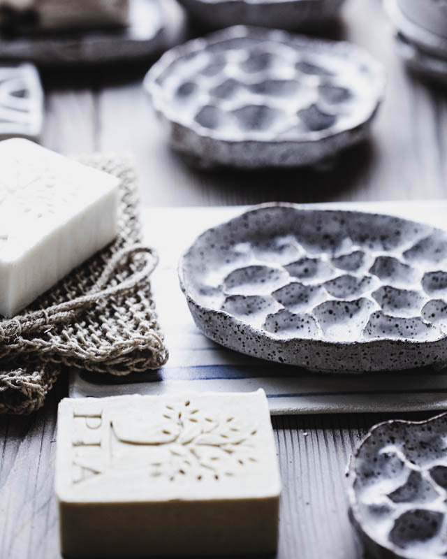 Rustic speckled soap dish handmade by clay beehive ceramics