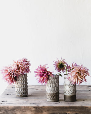 Handmade textured vases with a rustic speckled finish perfect for holding longer stemmed flowers and creating posies by clay beehive ceramics