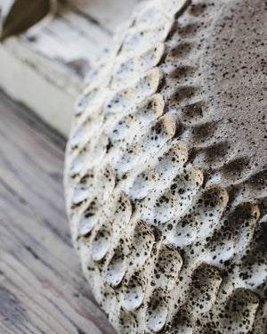 Extra large speckled rustic white bowl with a pinched texture handmade by clay beehive ceramic