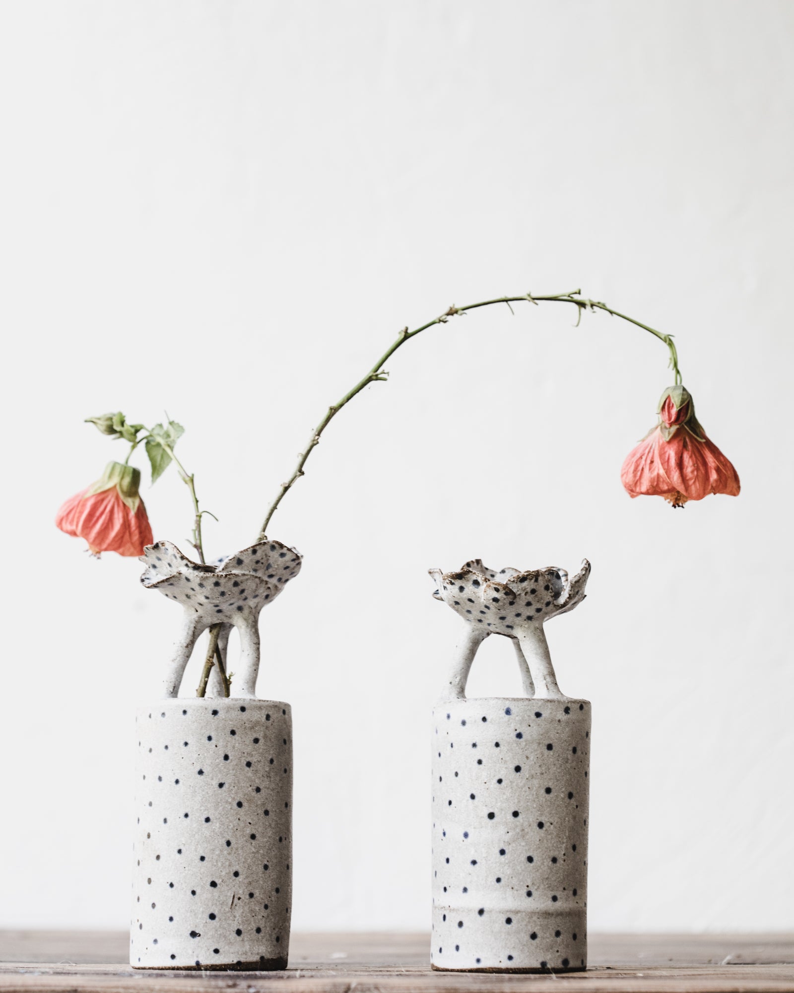 Sculptural flower vases "Floating Fleur" with blue spots handmade by clay beehive ceramics