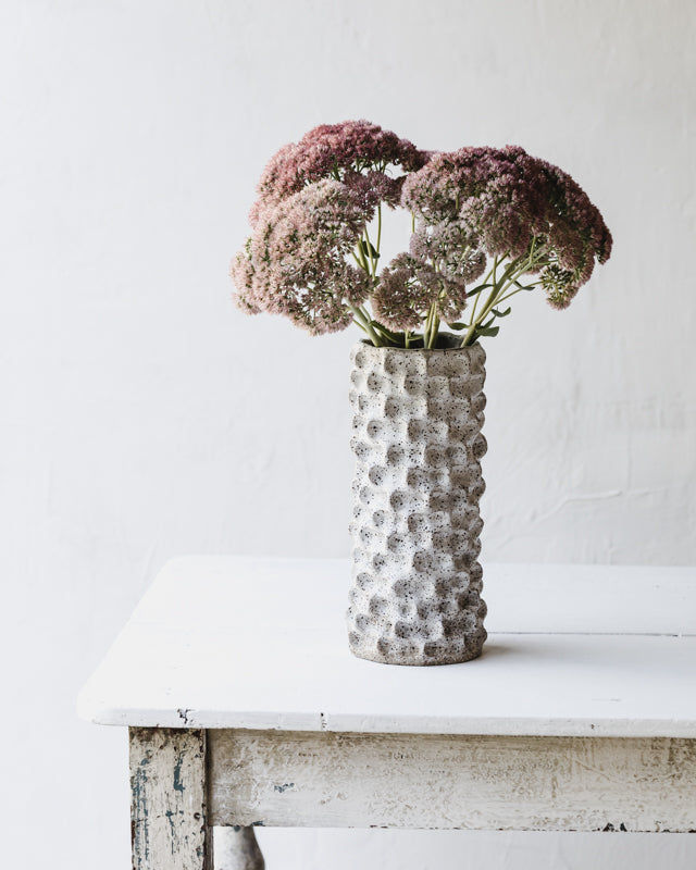 Large rustic speckled white pinched vase
