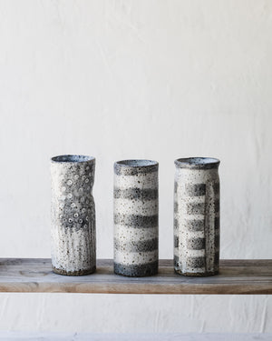 Grey and white gritty speckled narrow handmade vases by clay beehive