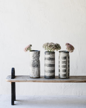 Grey and white gritty speckled narrow handmade vases by clay beehive