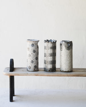 Rustic speckled grey and white slender vases 15.5cm-16cm tall (Group 1)