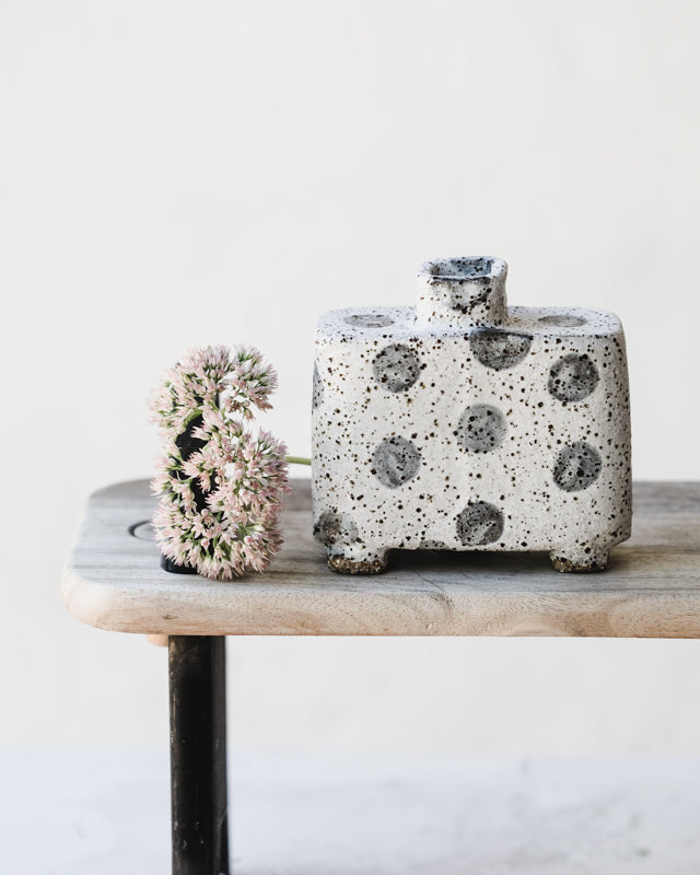 Rustic speckled polka dot small footed rectangular vase