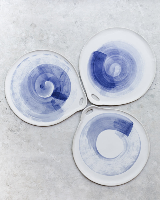 handmade large blue and white platters with handle by clay beehive ceramics