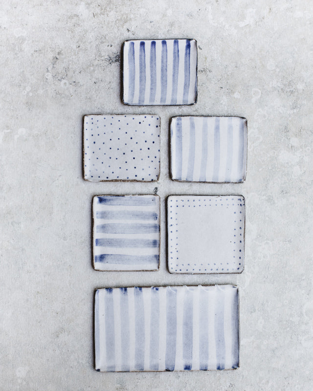 rectangle and square plates rustic with blue lines and spots handmade by clay beehive ceramics