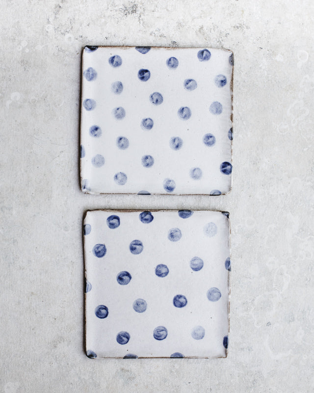 rustic blue polka dot square plates handmade by clay beehive ceramics