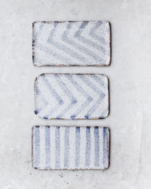 rectangular Patterned lined rustic plates in blue white and gray by clay beehive ceramics