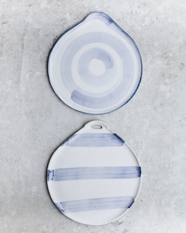 Platter plates handmade in blue and white by clay beehive ceramics