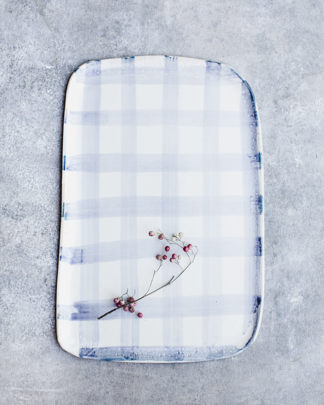 plaid blue and white platter in rectangular shape by clay beehive ceramics