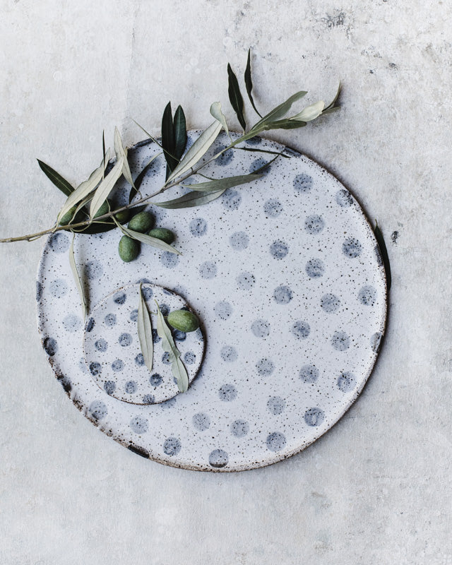 Large 34cm ceramic platter with speckled spots by clay beehive ceramics